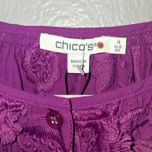 Chico's NWT 3/4 Puff Sleeve Fashion Top Embroidered 3D Floral African Violet 20 - Picture 5 of 7